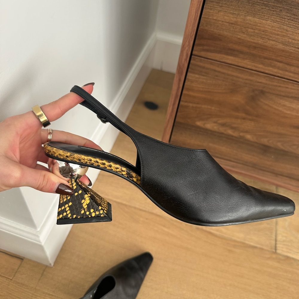 Black & Yellow Slingback pumps w sculptural block heel & mirror ball accent.US9 - Picture 13 of 16